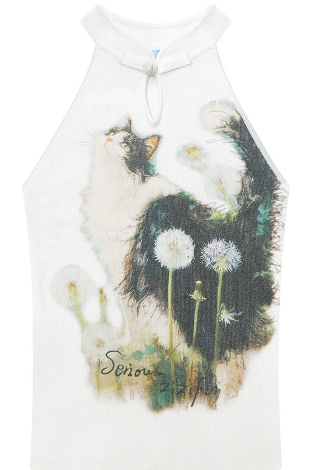 White Cat Print Knit Halter Top