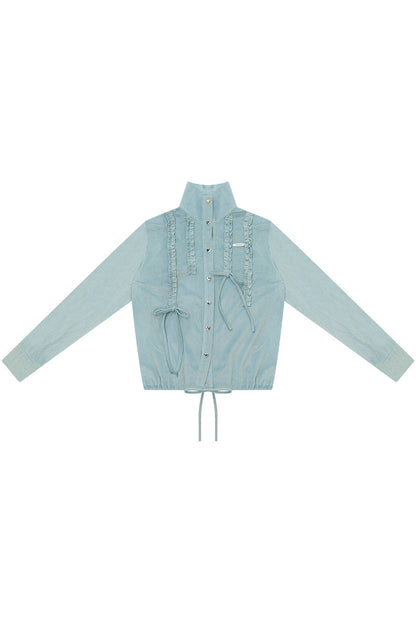 Lace Drawstring Stand Collar Shirt