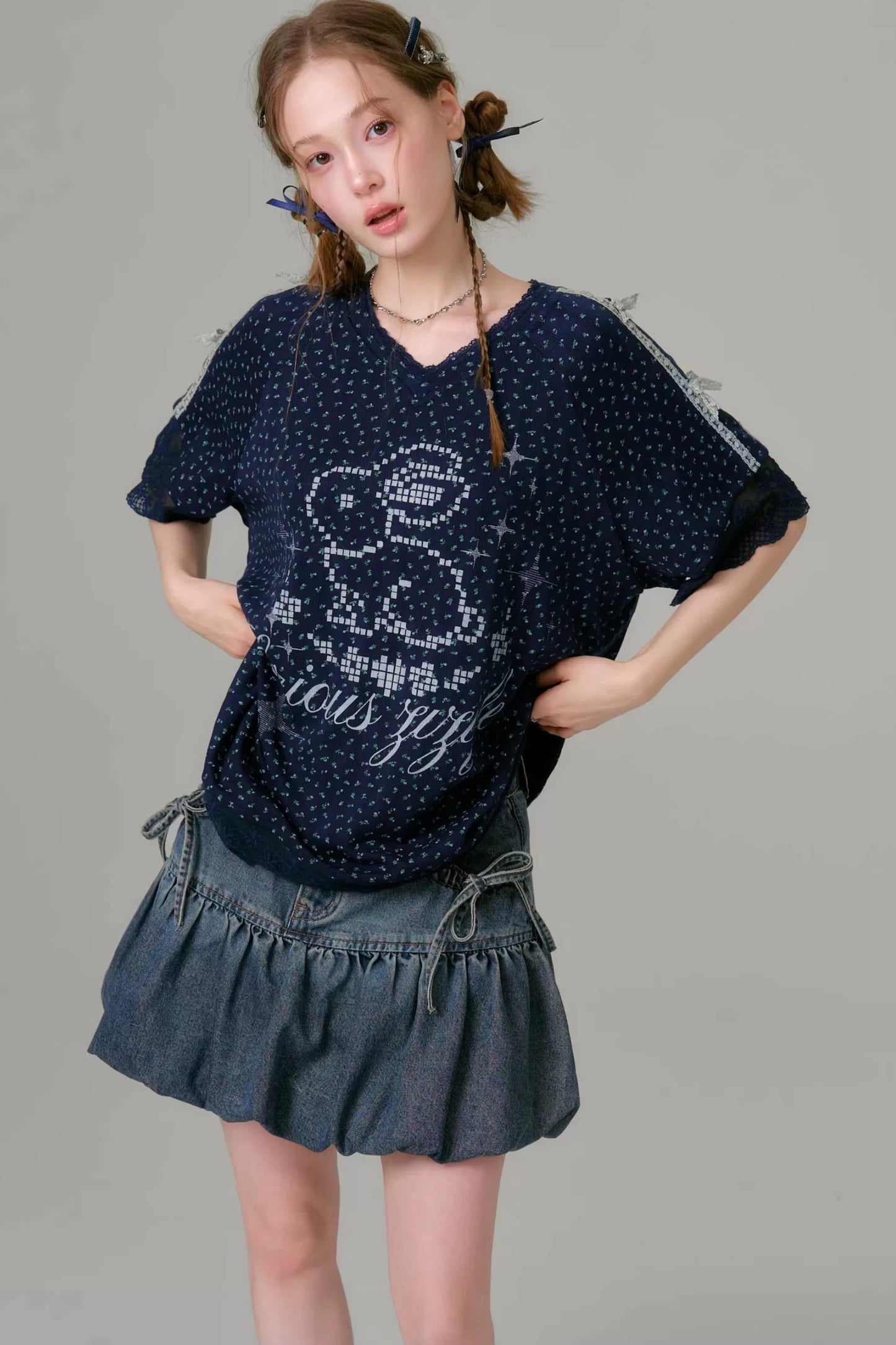 Dark Blue Floral Lace V-Neck T-Shirt