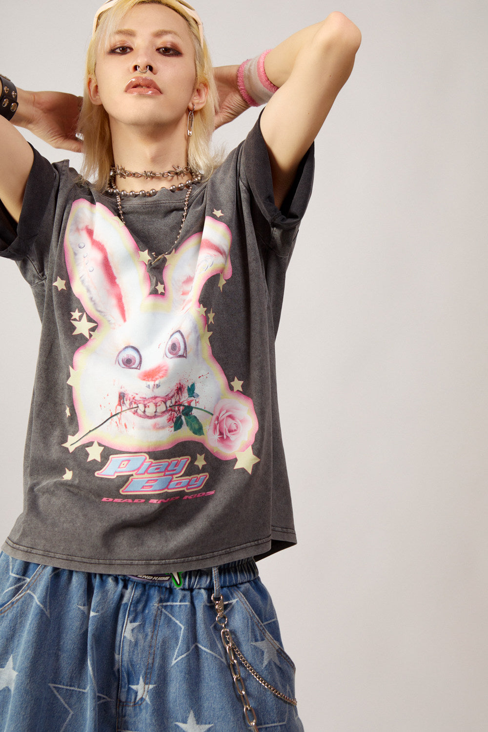 Loose Fit Punk Rock Rabbit Print T-Shirt