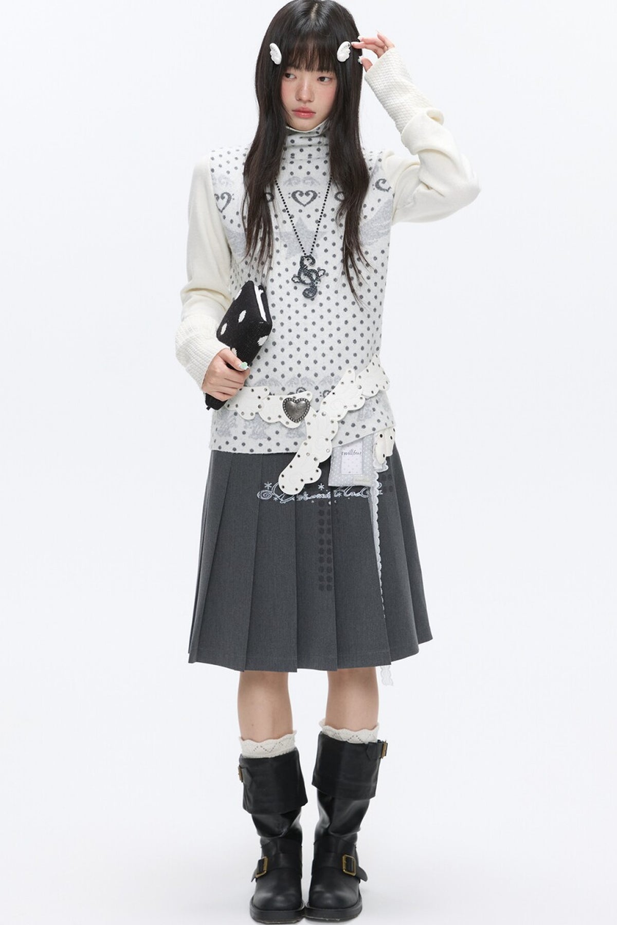 High-Neck Polka Dot Jacquard Sweater