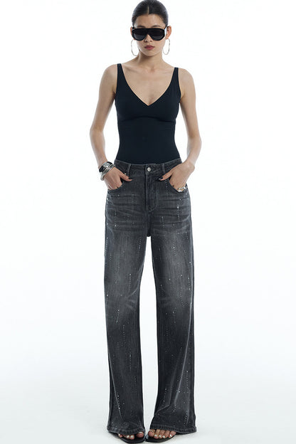 Scattered Rhinestone Wide-Leg Jeans