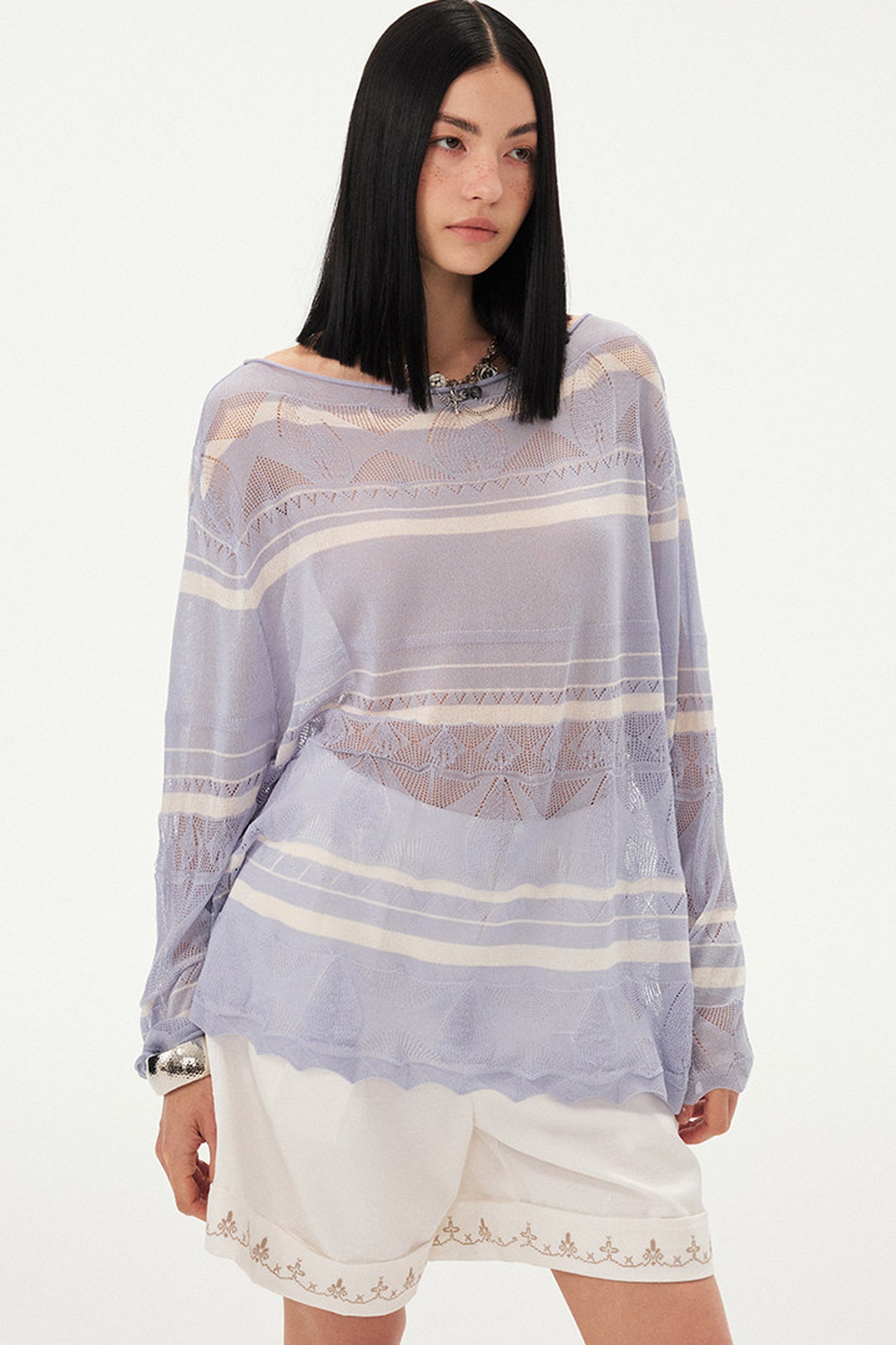 Pink Knit Hollow-Out Crochet-Style Pullover Top