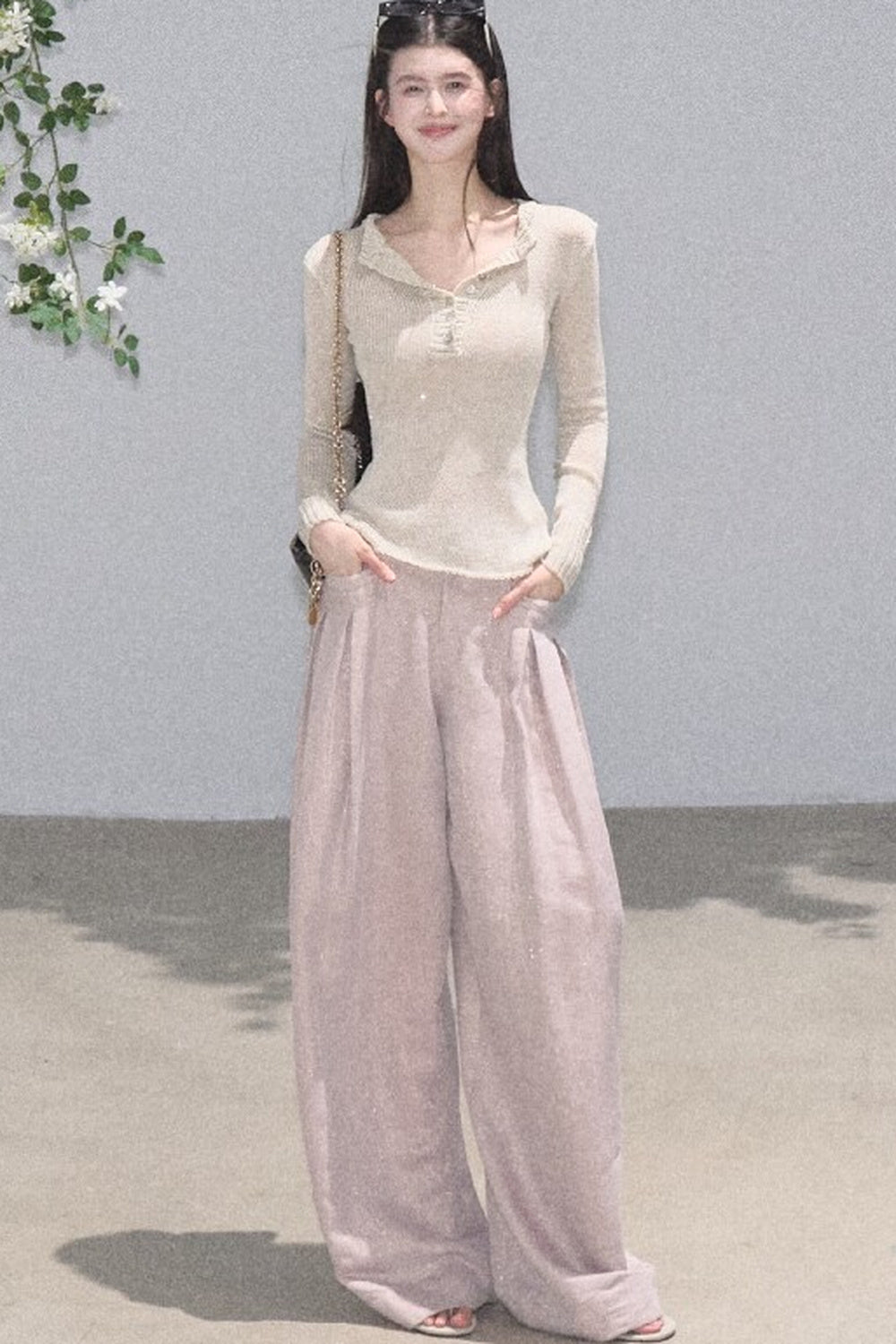 Goldene weite Seiden-Leinen-Hose