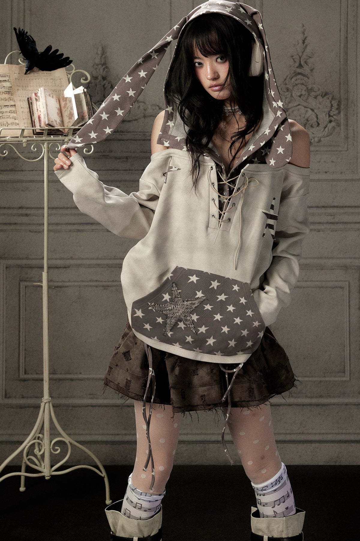 Bunny Ears Star Off-Shoulder Hoodie
