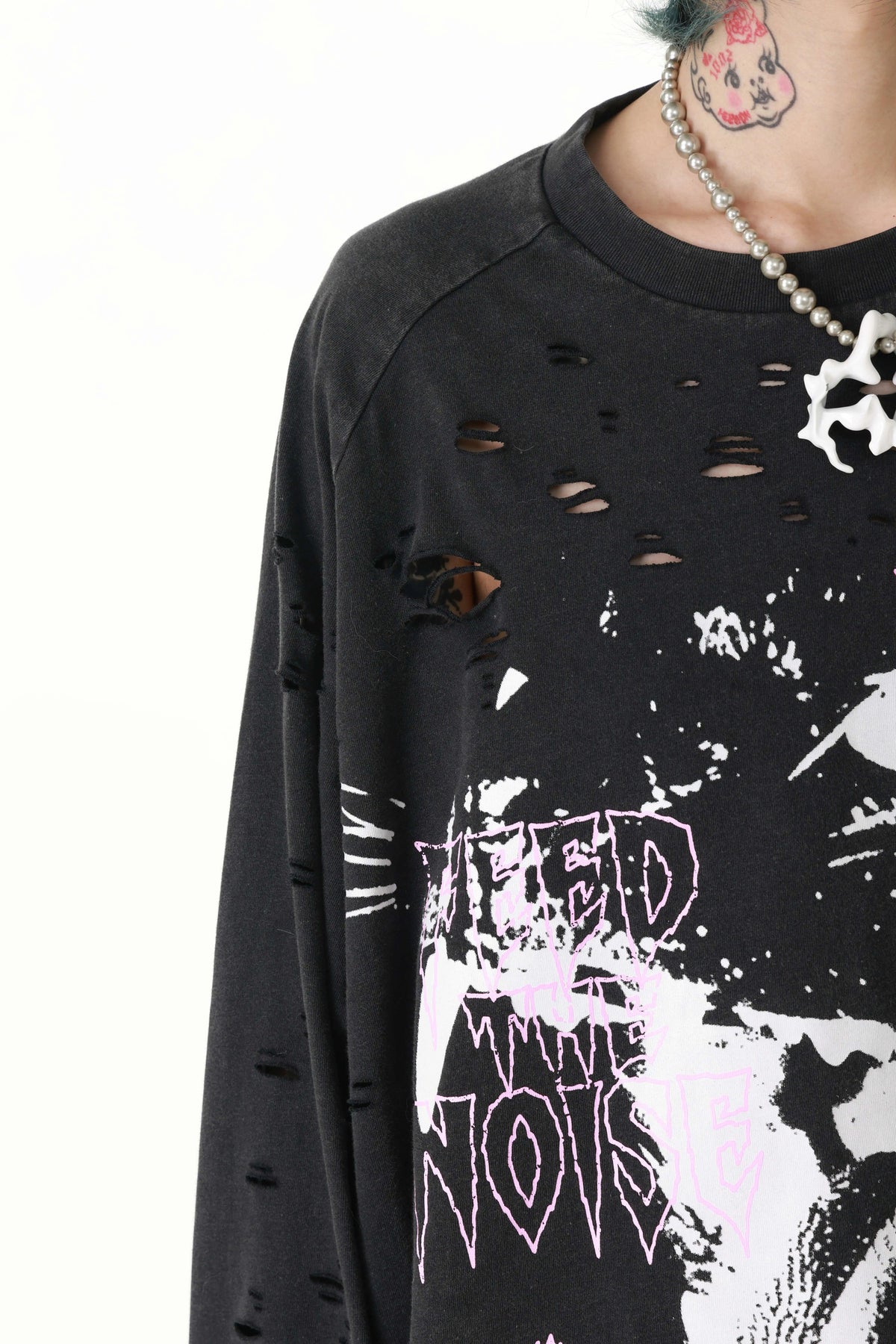 Pink Cat Washed Ripped Cuffs Long-Sleeve T-Shirt