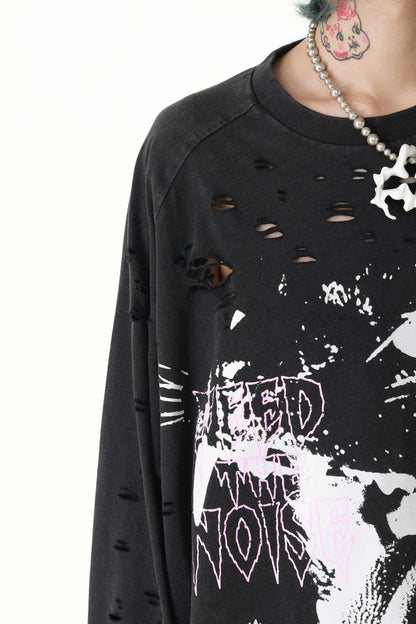 Pink Cat Washed Ripped Cuffs Long-Sleeve T-Shirt