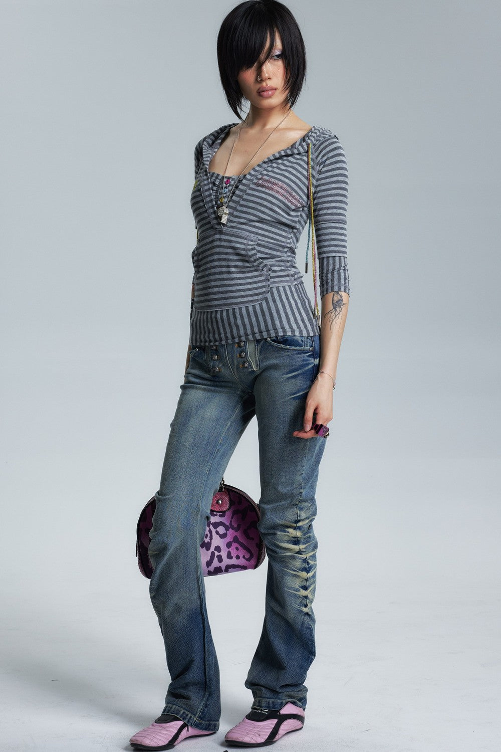 Divine Asymmetrical Frayed Striped Mid-Sleeve T-Shirt