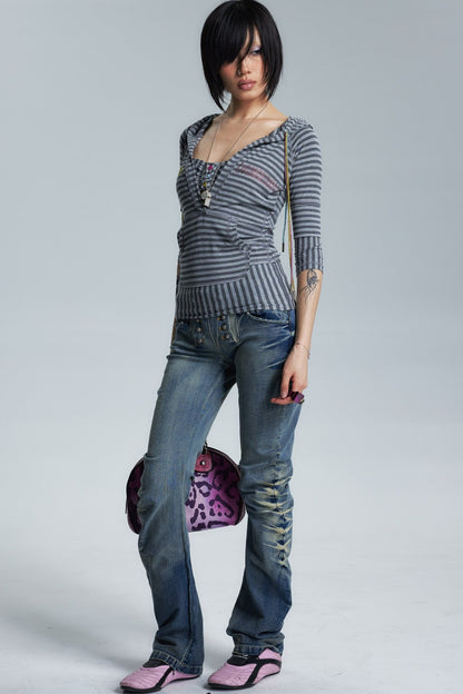 Divine Asymmetrical Frayed Striped Mid-Sleeve T-Shirt