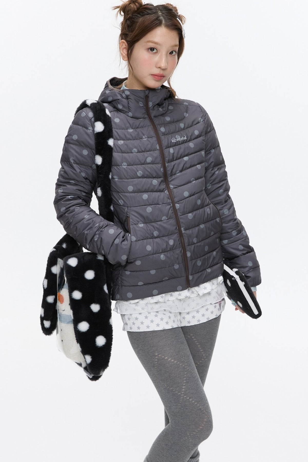 Hooded Ribbed Polka Dot Down Jacket