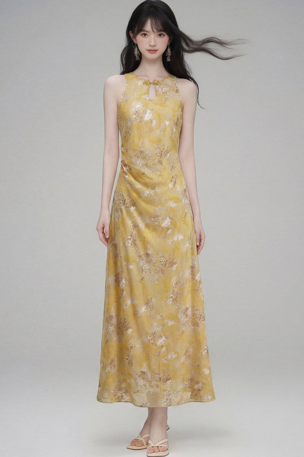 New Chinese Gold Jacquard Dress