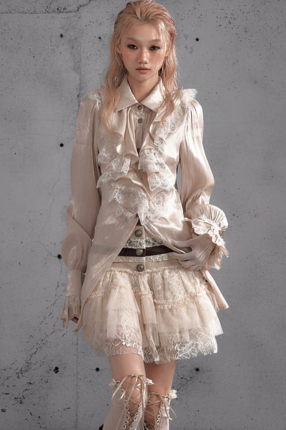 Ruffled Lace Patchwork Satin Blouse