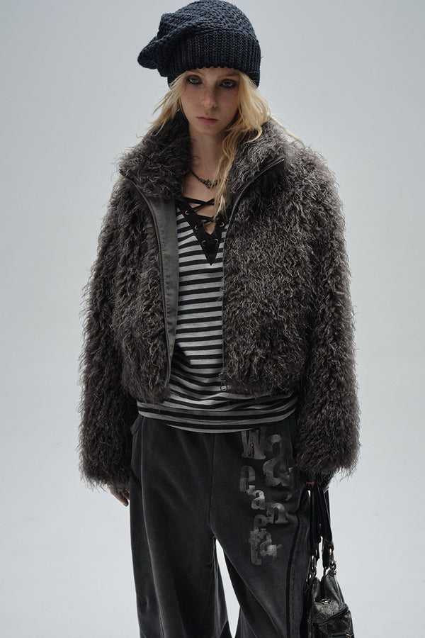 Dark Gray Faux Fur Zipper Jacket