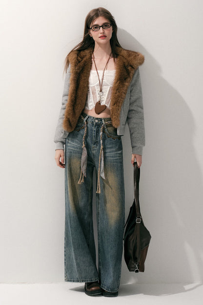 Loose Wide Leg Woven Belt Jeans