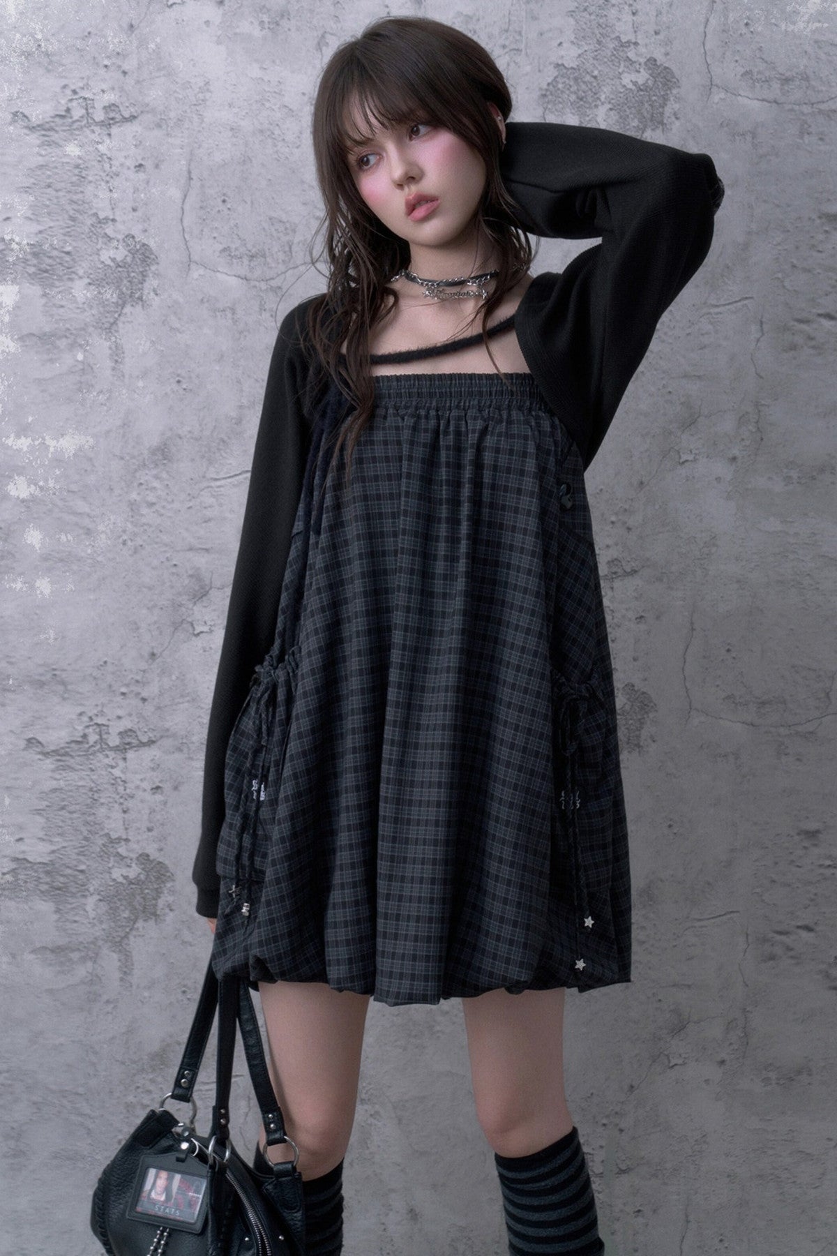 Black Gray Plaid Mid-Length Skirt Set-Up