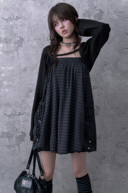 Black Gray Plaid Mid-Length Skirt Set-Up