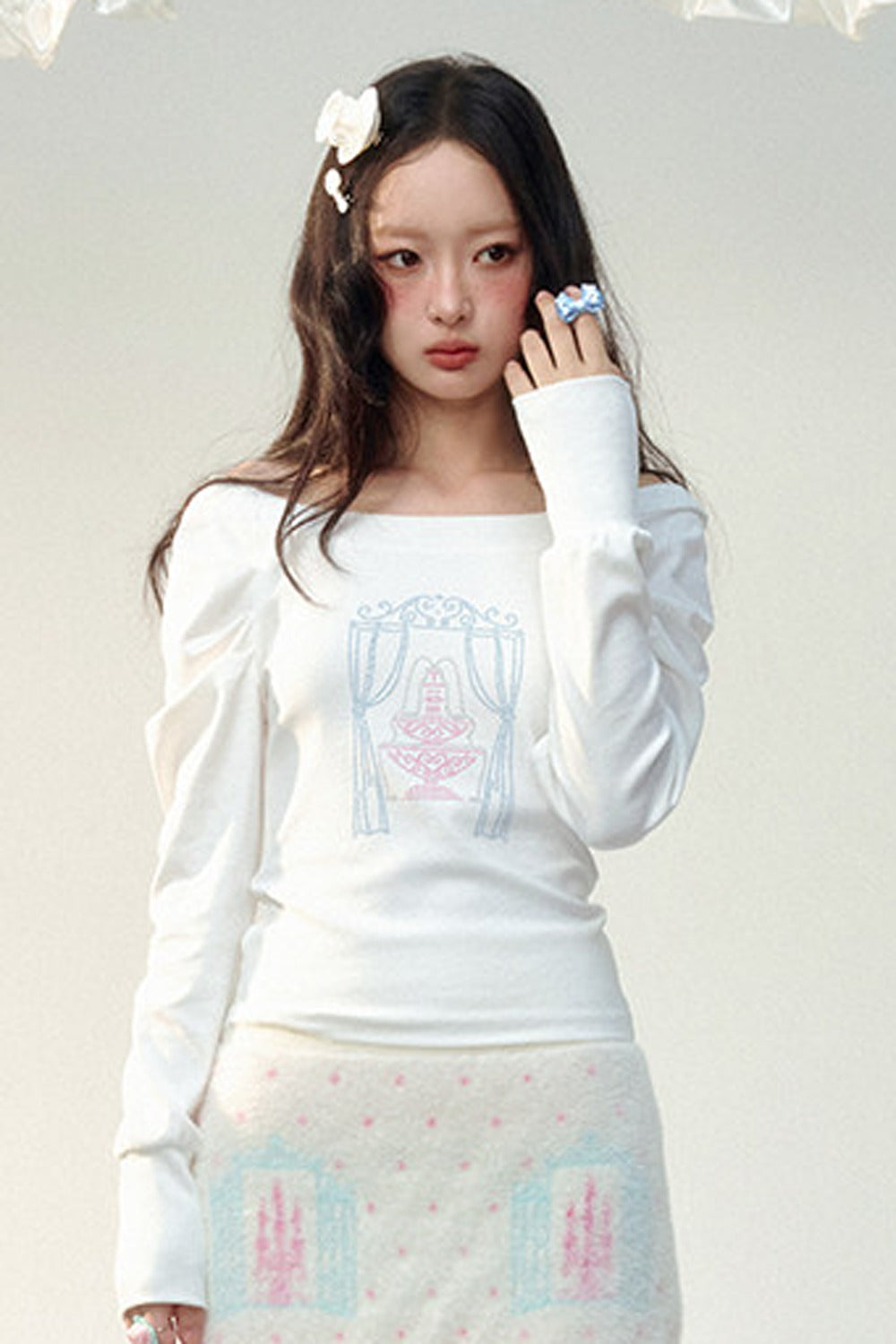컬러 블록 라인스톤 긴소매 티셔츠