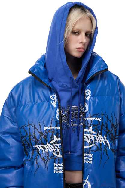 Logo PU Leather Motorcycle Puffer Jacket