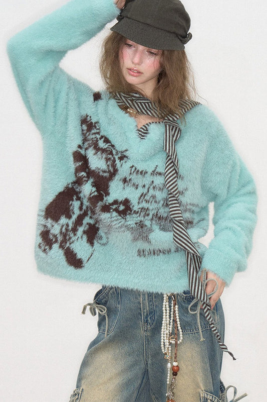 Cat Pattern Plush V-Neck Sweater