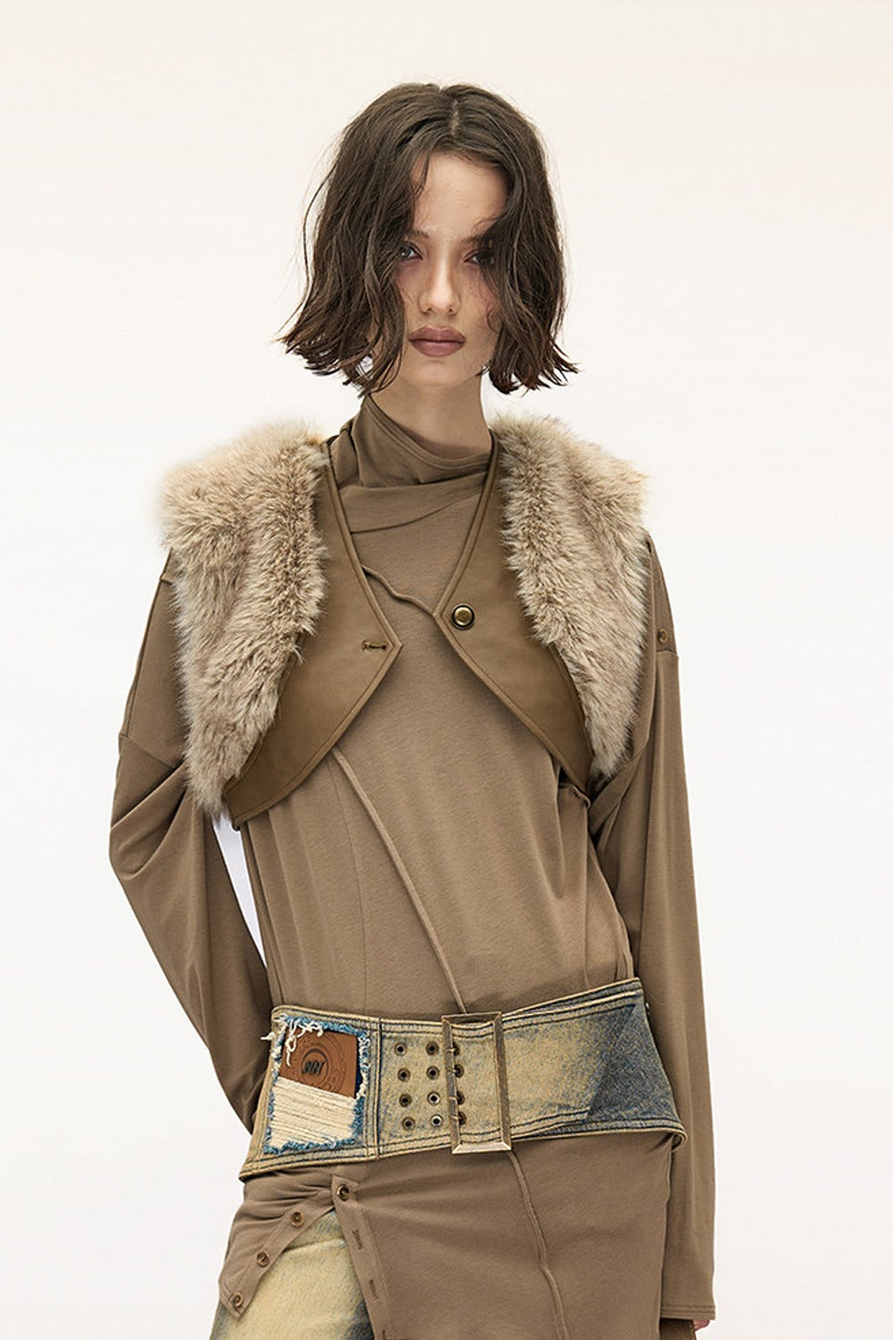 Layered Patchwork Fur Trim Vest