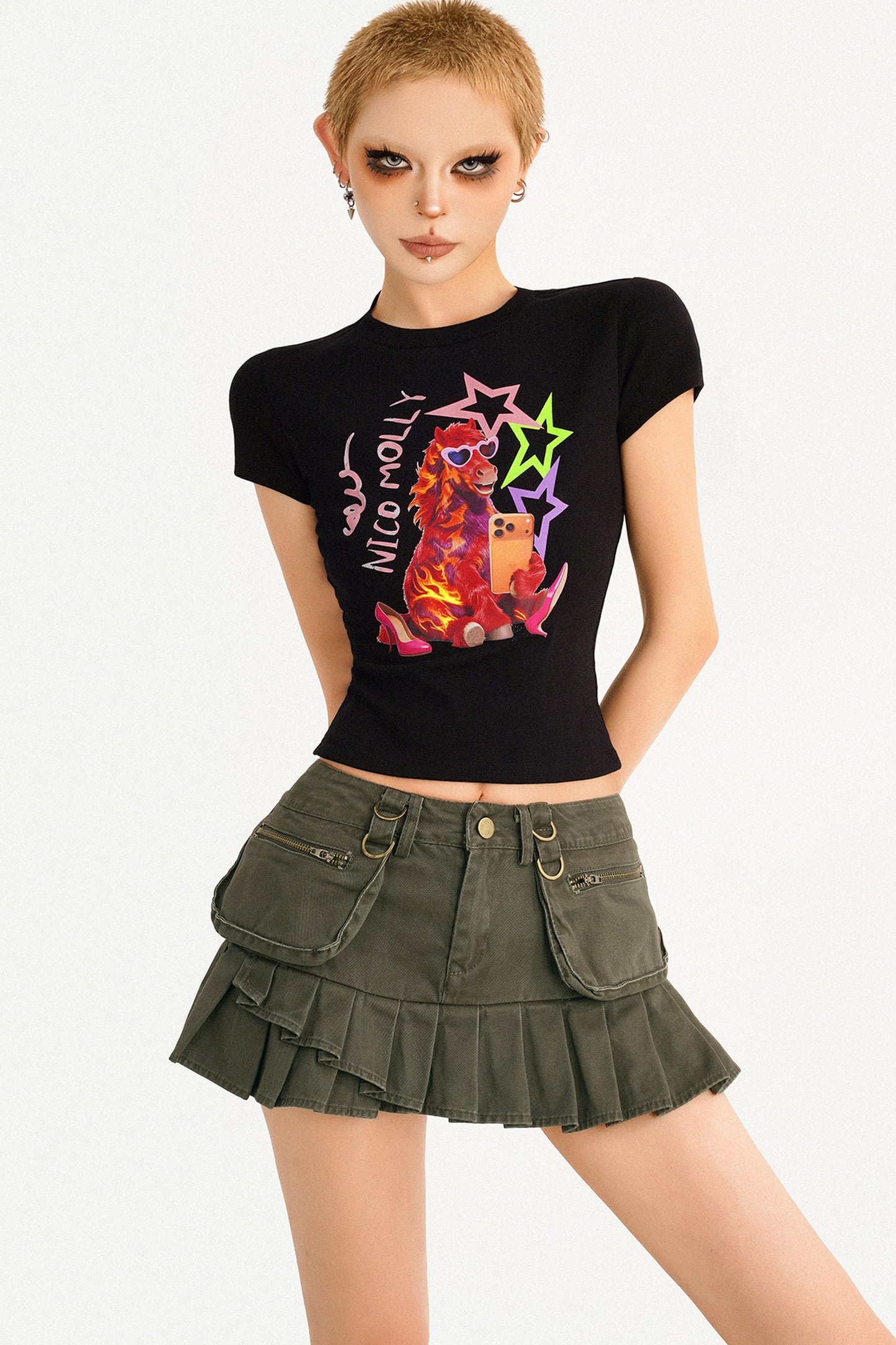 Cartoon Print Black Crop Top