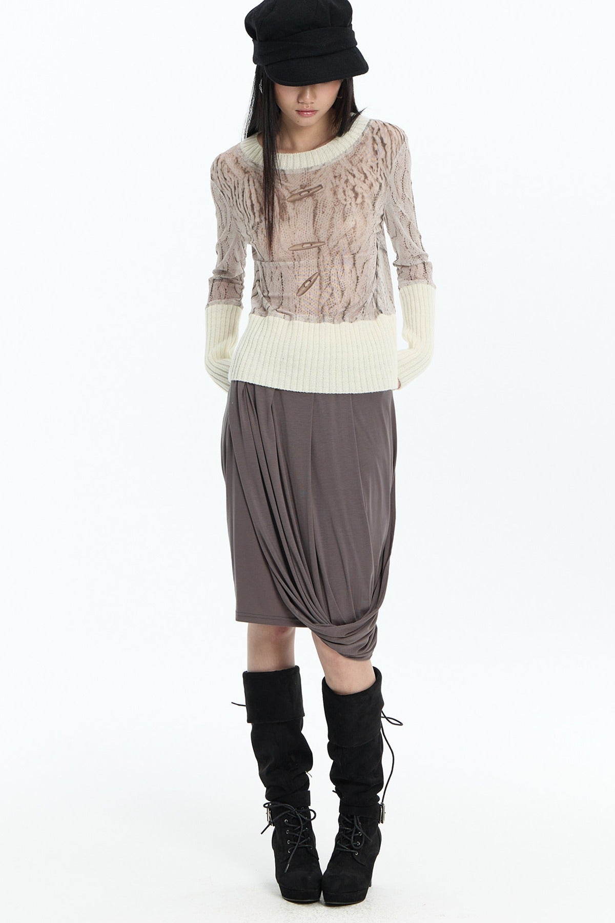 Ribbed Printed Mesh Knit Base Sweater and Skirt Set-Up