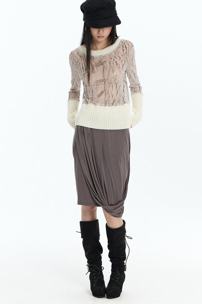 Ribbed Printed Mesh Knit Base Sweater and Skirt Set-Up
