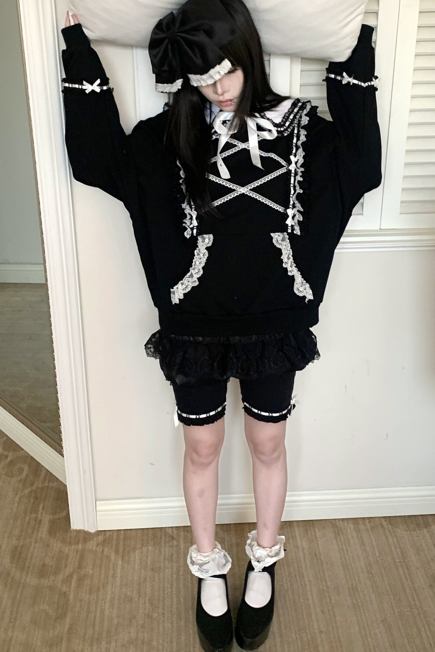 Bow Lace Trim Detachable Collar Sweatshirt and Leggings Set-Up