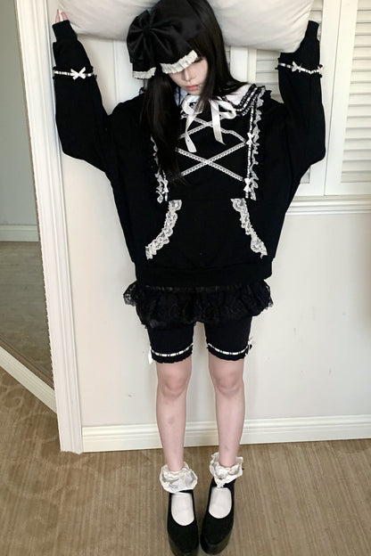 Bow Lace Trim Detachable Collar Sweatshirt and Leggings Set-Up