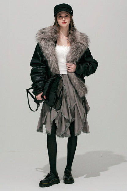 Large Fur Collar Leather Jacket