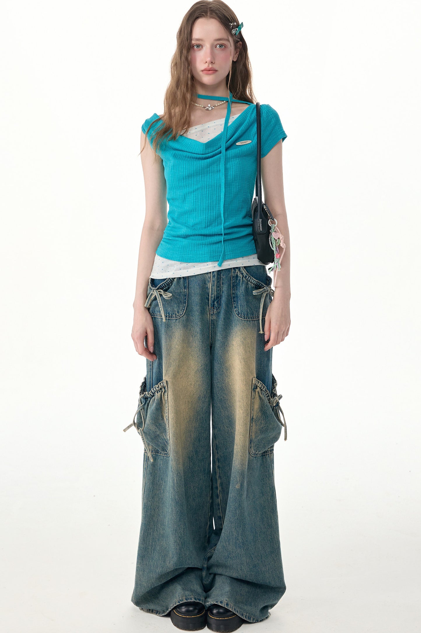 Blue Polka Dot Asymmetric Ruffle T-Shirt