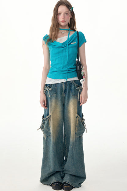 Blue Polka Dot Asymmetric Ruffle T-Shirt