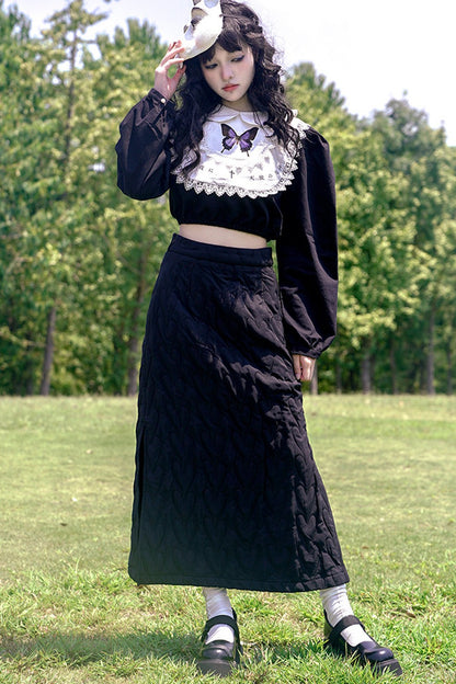 Heart Jacquard Slit Skirt