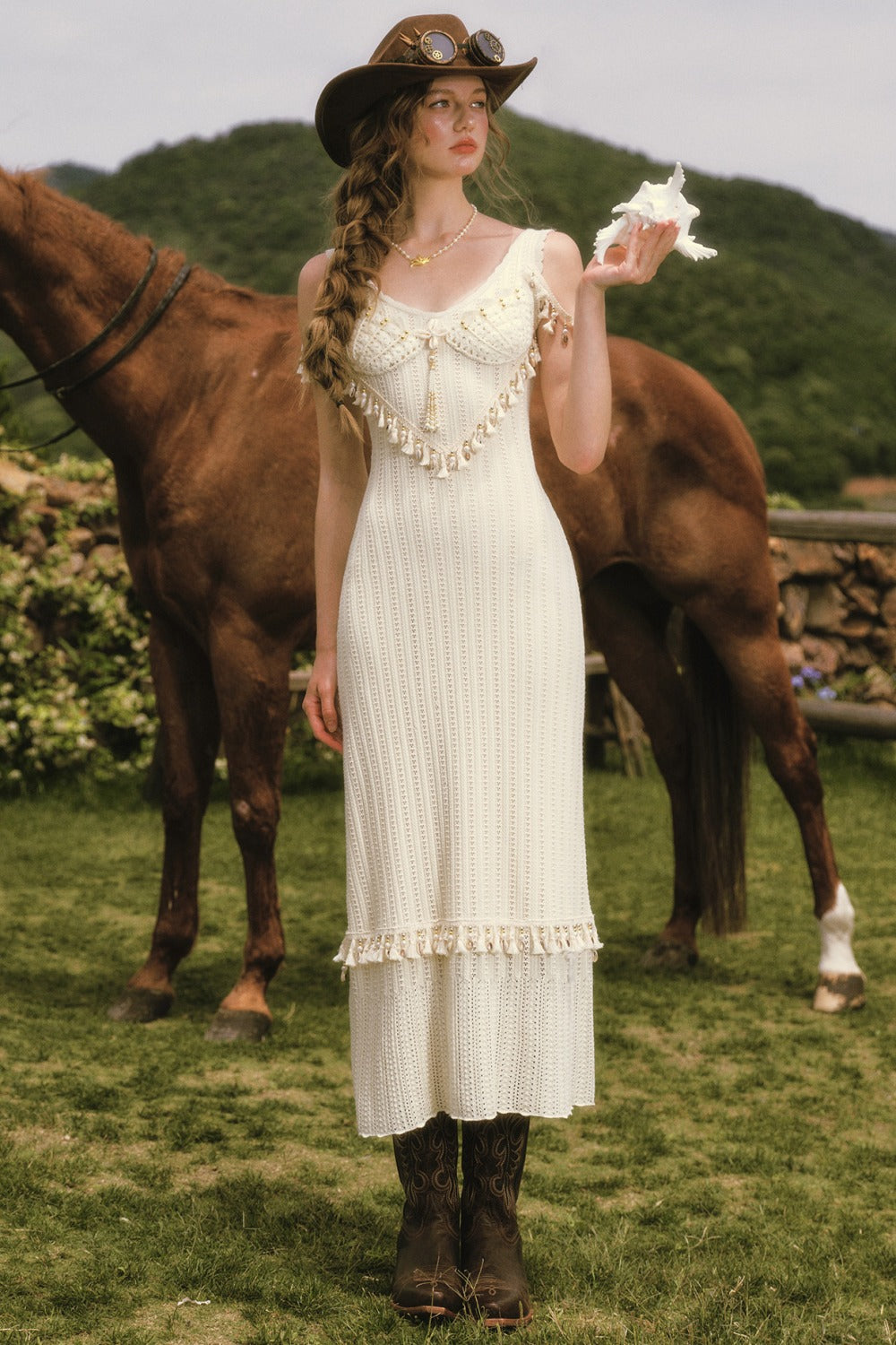 Shell White Knit Strap Dress Cardigan and Skirt Set-Up