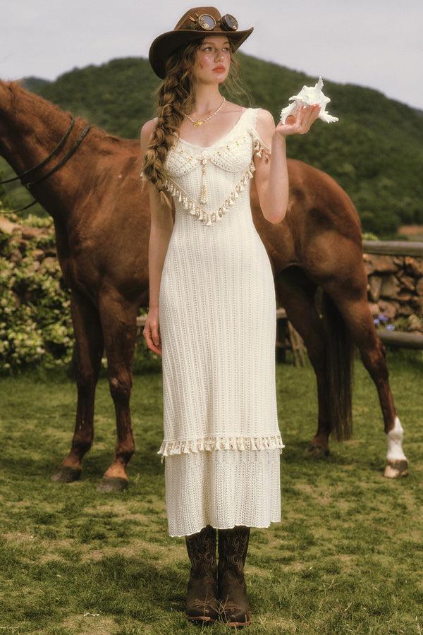 Shell White Knit Strap Dress Cardigan and Skirt Set-Up