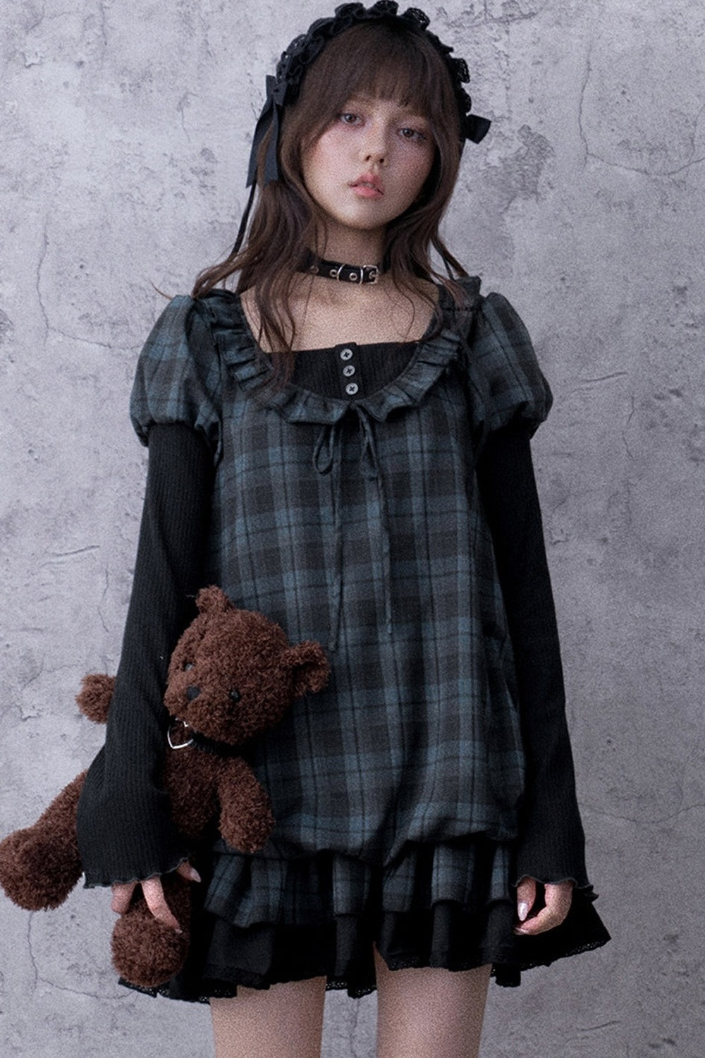 Blue Black Plaid Babydoll Dress
