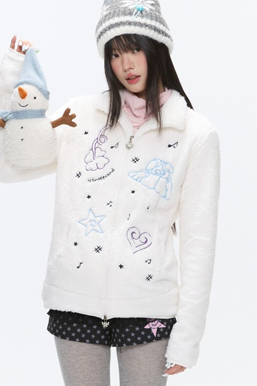 Embroidered Plush Fleece Coat