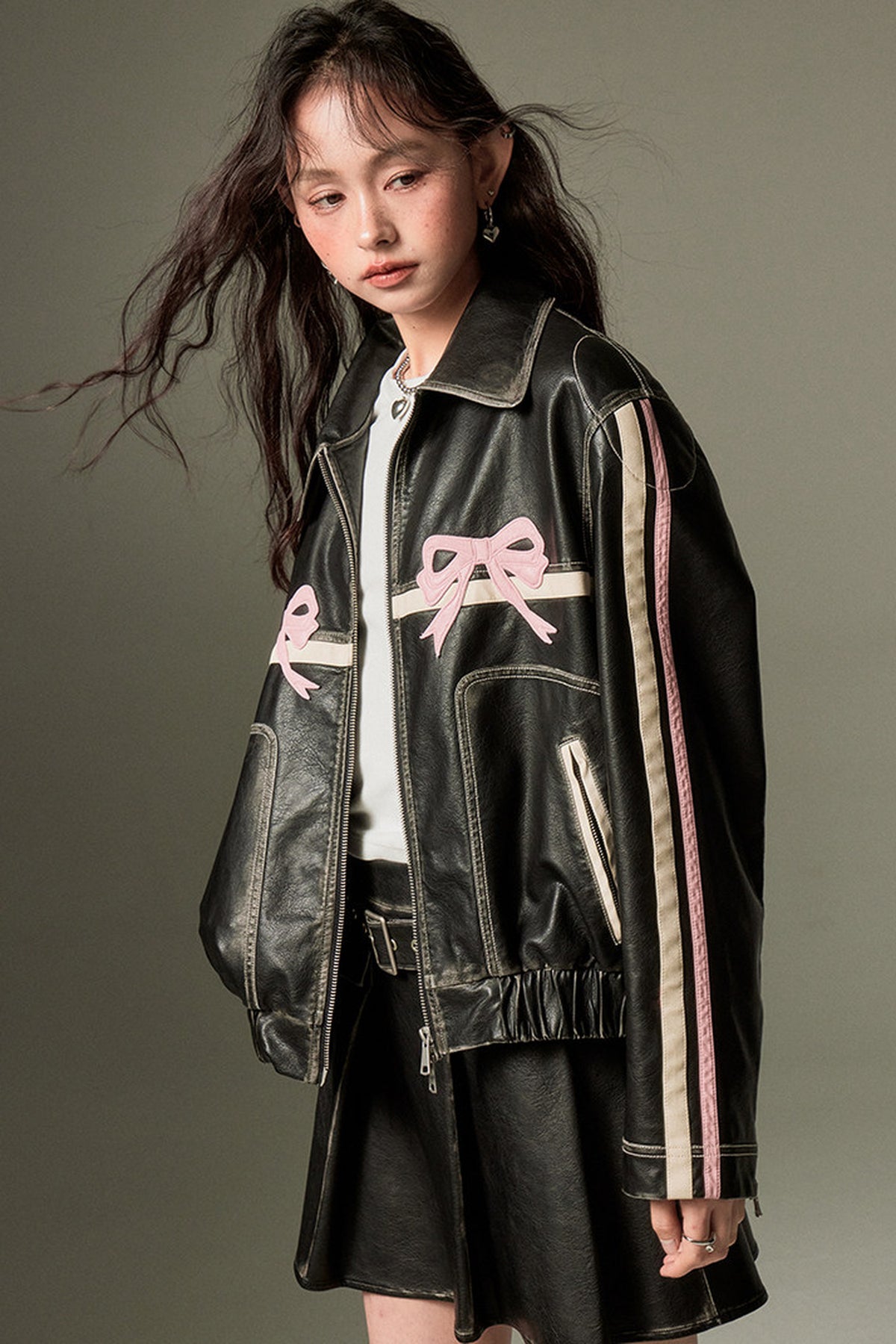 Distressed Bow Leather Jacket