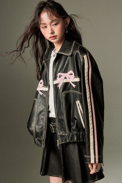 Distressed Bow Leather Jacket