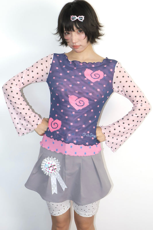 Polka Dot Bell Sleeve Mesh Top