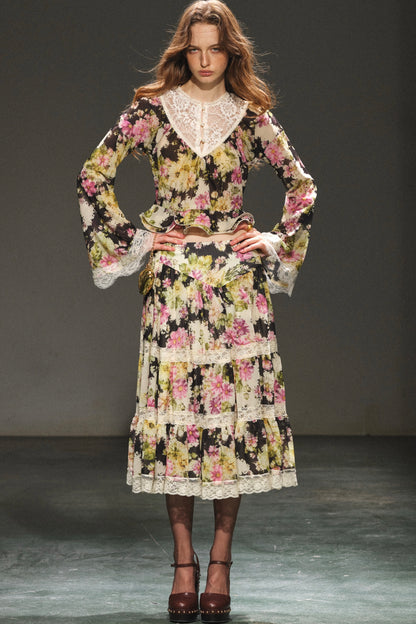 Reversible Floral Chiffon Top and Lace Skirt Set-Up