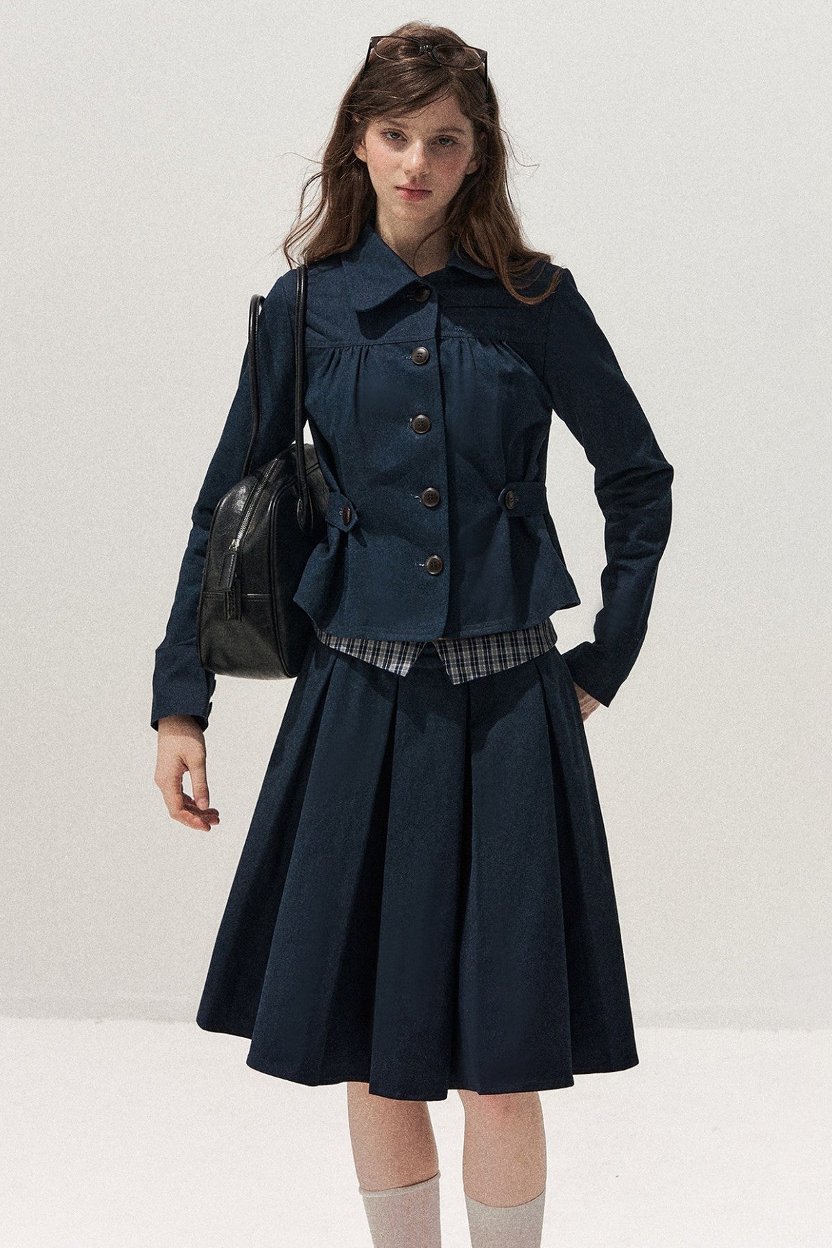Navy Denim Jacket and Pleated Skirt Set-Up