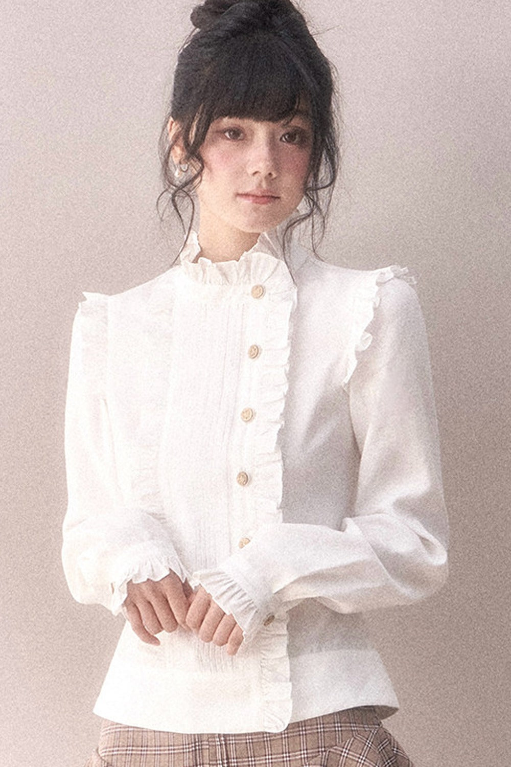 Pleated Lace Ruffle Asymmetrical Long-Sleeved Shirt