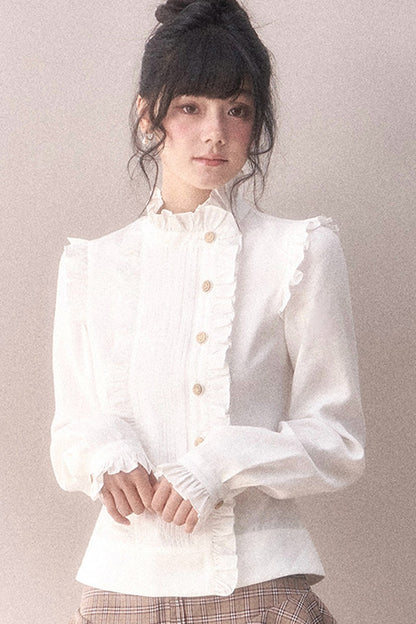Pleated Lace Ruffle Asymmetrical Long-Sleeved Shirt