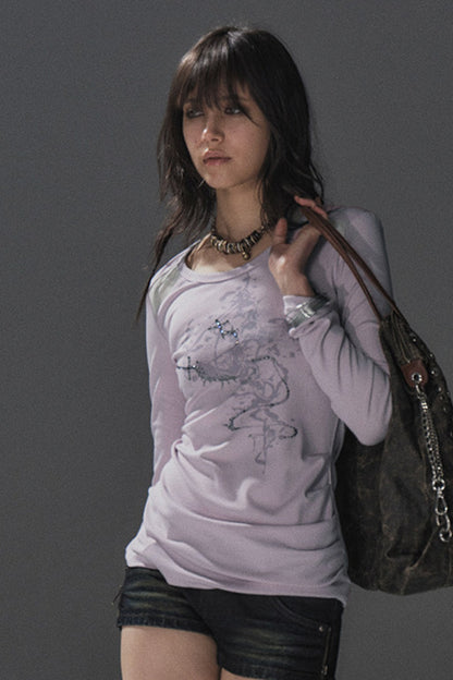 Top in mesh bicolore con strass