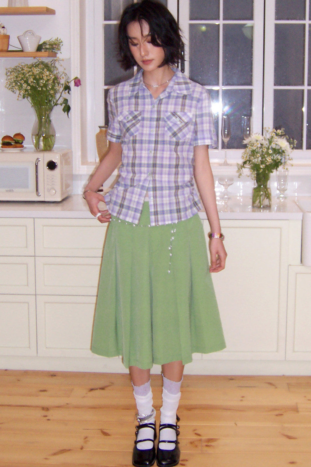 Color-Block Pocket Plaid Blouse