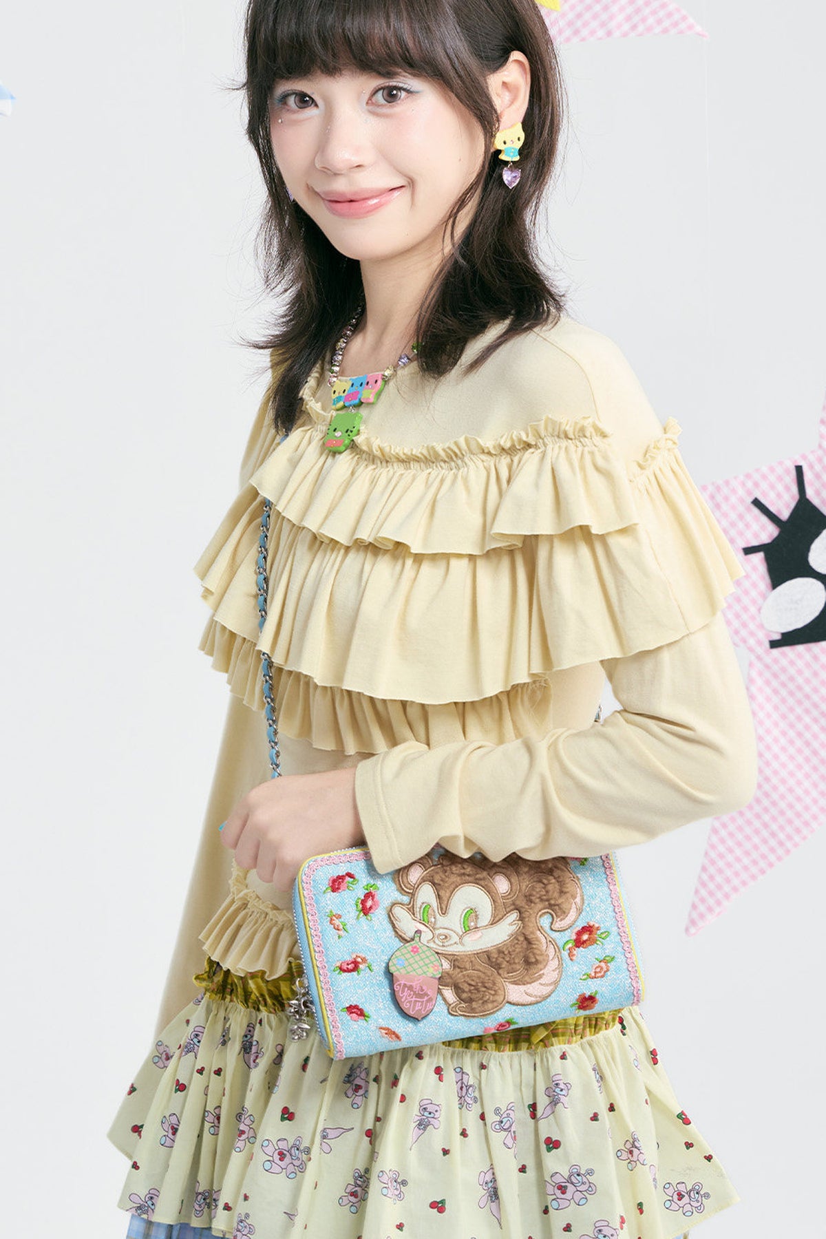 Blue Plush Squirrel Embroidered Floral Crossbody Bag