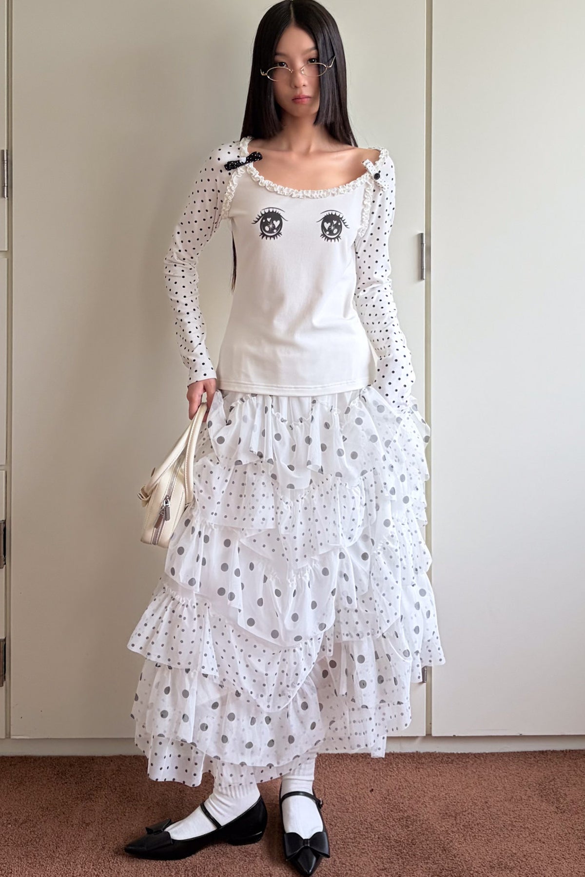 Polka Dot Eye Print Long Sleeve Top