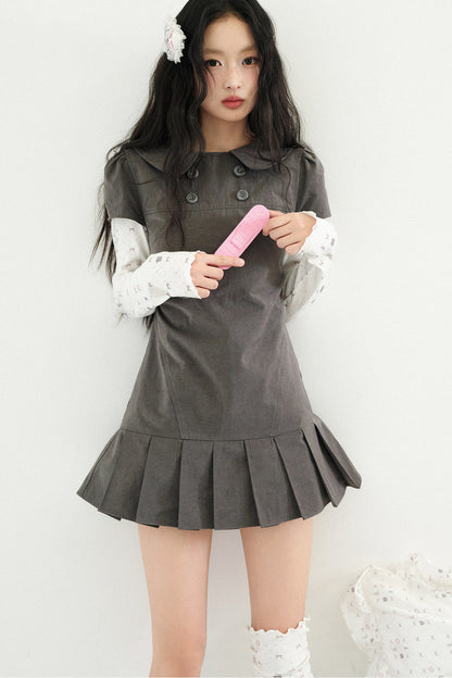 Gray Low-Waist Double-Breasted Patchwork Pleated Dress