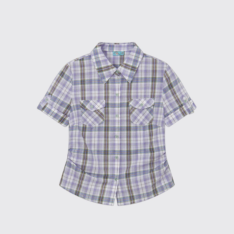 Color-Block Pocket Plaid Blouse